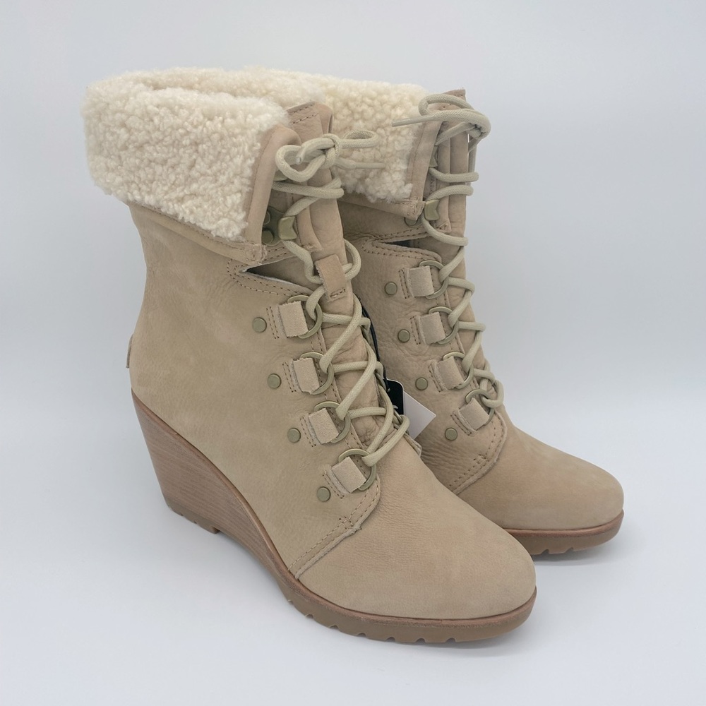 Sorel Tan After Hours Shearling Lace Wedge Boots Size 8